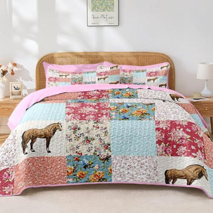 Queen Quilt Set with Horse Floral Pattern - 7 Pieces Pink Bedding