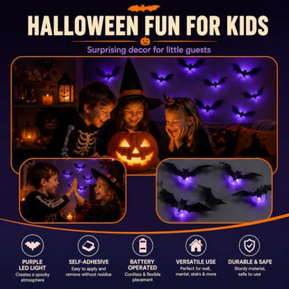 Spooky Glow 3D LED Bat Wall Decor Set - 12 Reusable Hanging Halloween Bats