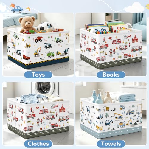 Kids Storage Basket Set of 3 with Fire Engine Design - Foldable Toy Organizer