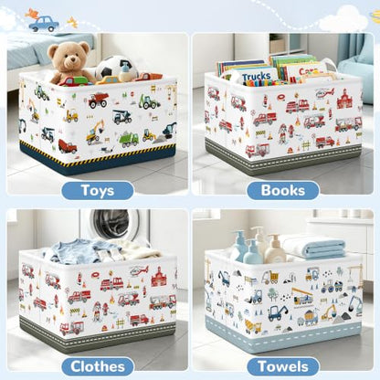 Kids Storage Basket Set of 3 with Fire Engine Design - Foldable Toy Organizer