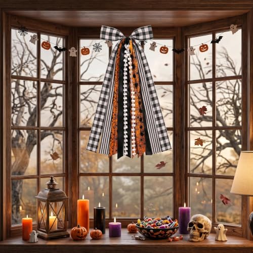 Halloween Ribbon Bow Set for Wreaths and Decor - Orange Black Dot Spider Web Fabric, Halloween Style2