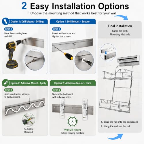 2-Tier Premium Shower Caddy with 8 Hooks - Deep & Shallow Baskets, Stainless Steel, Adhesive or Screw Mount