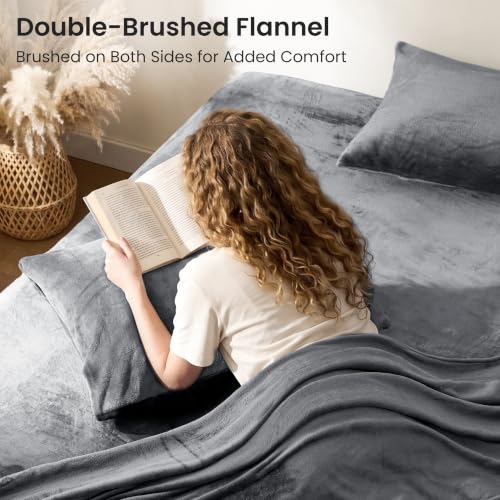 Love's Cabin Flannel Sheets Set Queen Grey 4 Pieces Deep Pocket