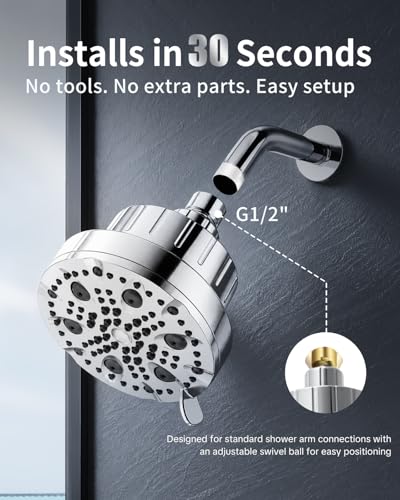 OFFO 9-Mode Filtered Shower Head with Built-In Cartridge, 5-Inch Fixed Chrome Shower Head with Adjustable Swivel - Variation of This Listing