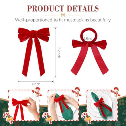 Christmas Napkin Rings Set - Red Velvet Bow 8 Pcs, 7.5 Inch Holiday Decor