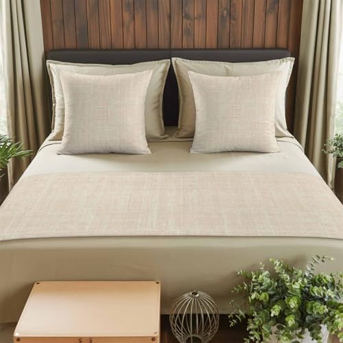 Cal King Bed Runner with Pillow Covers 102x20 Cream Linen Fabric Decorative Set