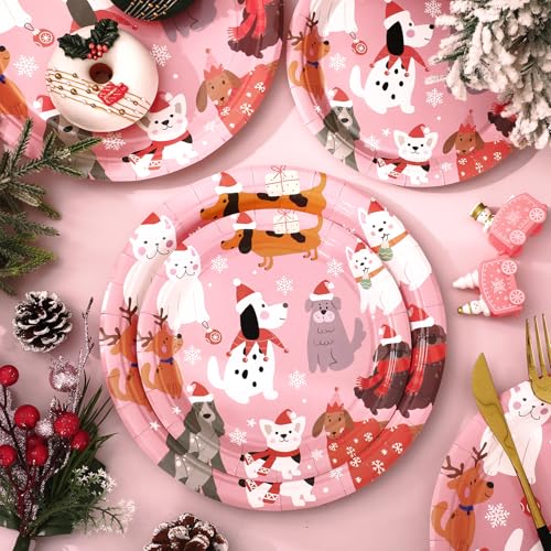Christmas Dog Paper Plates Set - 9 & 7 Inch Pink Puppy Party Supplies, 30 Pcs - Variation: Christmas Dog