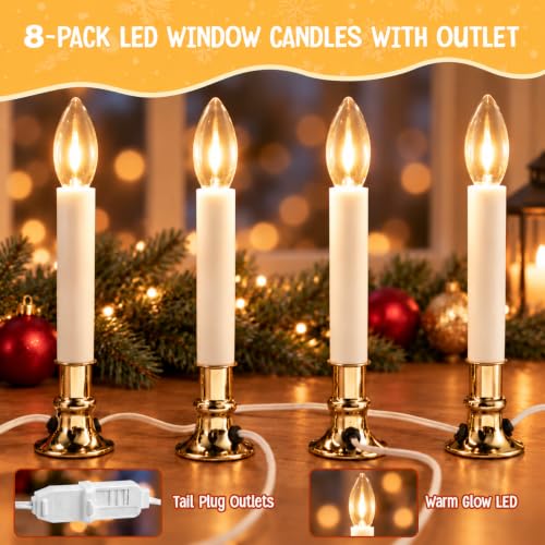 8 Pack Christmas Electric Window Candle Lights with Gold Base and Clear Bulbs