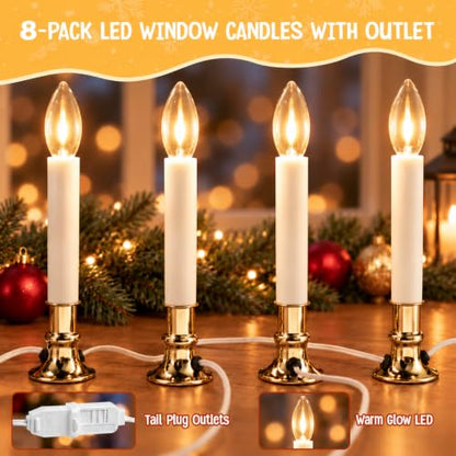 8 Pack Christmas Electric Window Candle Lights with Gold Base and Clear Bulbs