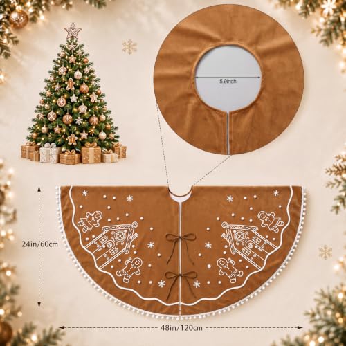 48 Inch Christmas Gingerbread Tree Skirt Velvet with White Pom Poms
