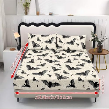 Halloween Bat Bed Sheets Set Queen Size - Bat Fitted Sheet & Pillowcases - Beige