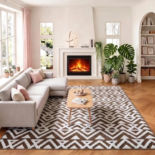 Soft 5x8 Geometric Shaggy Area Rug for Living Room & Bedroom - Non Slip Beige