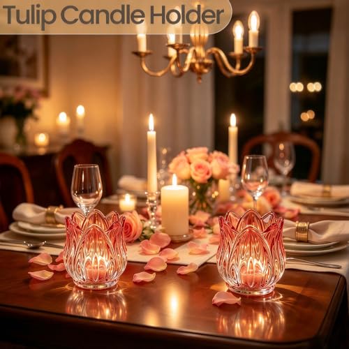 Pink Tulip Candle Holder Set - Decorative Glass Votive for Tealights