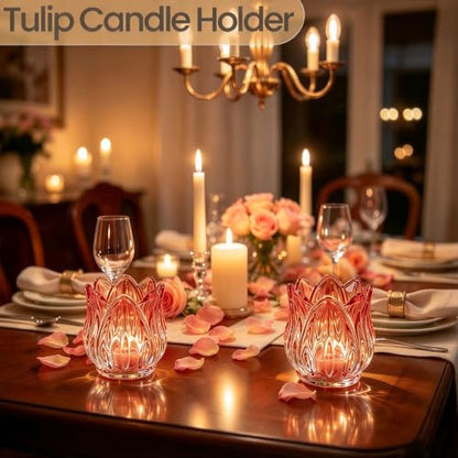 Pink Tulip Candle Holder Set - Decorative Glass Votive for Tealights