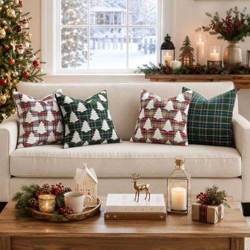 Christmas Pillow Covers 20x20 Set of 2 Khaki Plaid Tuffed Holiday Decor