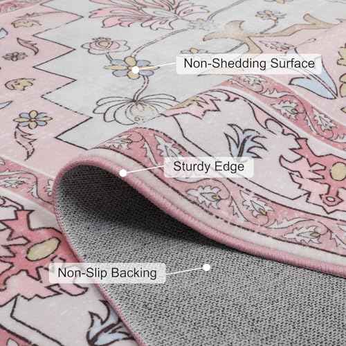 MOSISO 4x6 Area Rug for Living Room, Washable Area Rug, Non Slip Vintage National Area Rugs, Low Pile Carpet, Faux Wool Rectangular Area Rugs Carpet for Living Room Bedroom Dining Room, Home, Pink