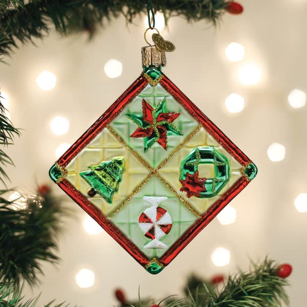 Christmas Quilt Glass Blown Ornament - Handcrafted Holiday Decoration