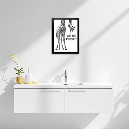 Funny Giraffe Bathroom Wall Art - 'Are You Pooping?' 8x10" Black & White Framed Print | Quirky Toilet Humor Décor