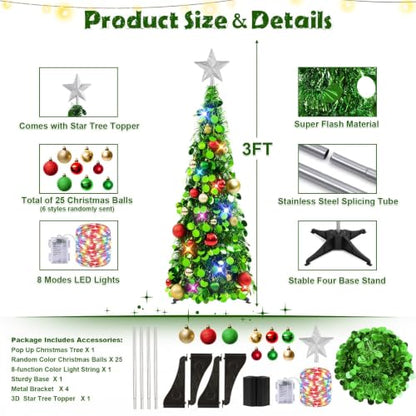 Green 3ft Collapsible Christmas Tree with Lights and Ornaments - Holiday Decor