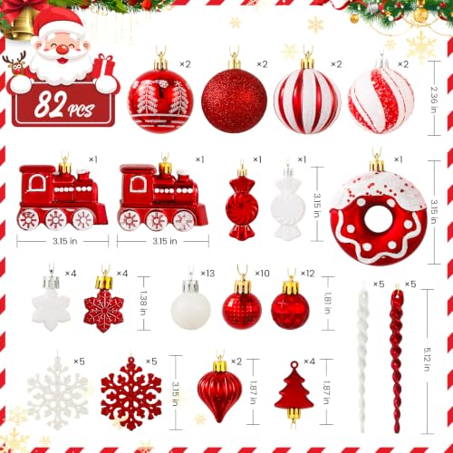 82pcs Christmas Ornaments Set Red & White Shatterproof Plastic Holiday Decor