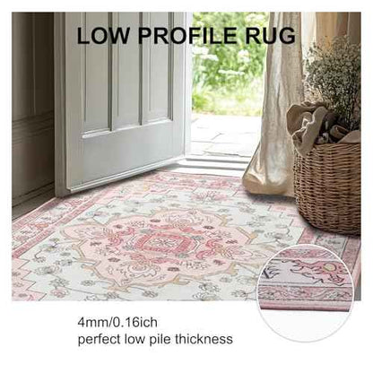 MOSISO 4x6 Area Rug for Living Room, Washable Area Rug, Non Slip Vintage National Area Rugs, Low Pile Carpet, Faux Wool Rectangular Area Rugs Carpet for Living Room Bedroom Dining Room, Home, Pink