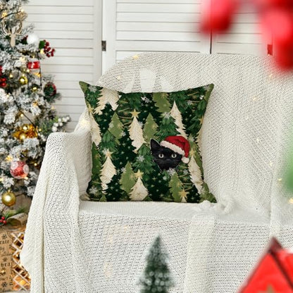 18x18 Inch Christmas Tree Stars Black Cat Throw Pillow Cover Winter Holiday Decor