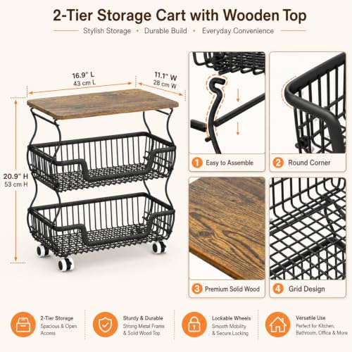 Black 16.93x11.02x20.87 Inch 3-Tier Fruit & Vegetable Storage Cart