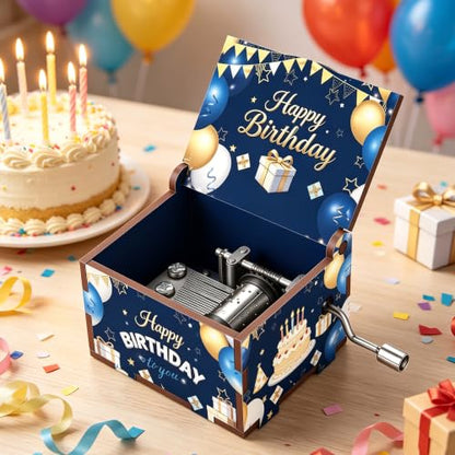 Wooden Hand Crank Music Box Birthday Melody Mini Keepsake Blue