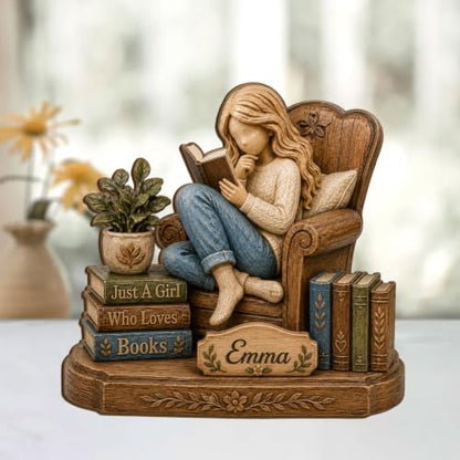 Personalized Girl Who Loves Books Wooden Block - Book Lover Shelf Decor - Book 02