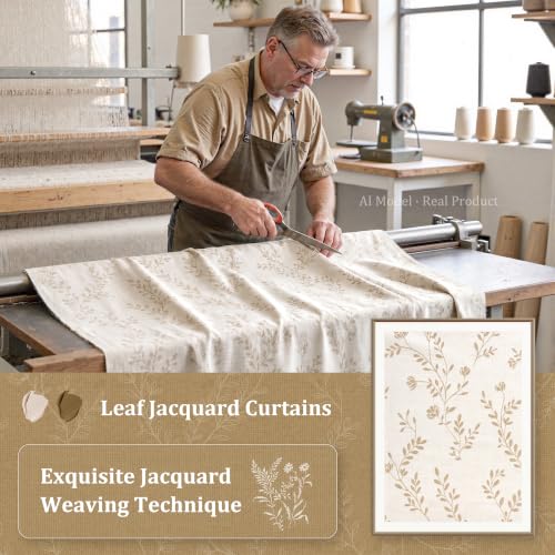 LAMIT Beige Leaf Pattern Linen Curtains 52W x 84L Set - Living Room