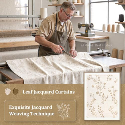 LAMIT Beige Leaf Pattern Linen Curtains 52W x 84L Set - Living Room