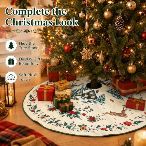 48 Inch Rustic Christmas Tree Skirt with Deer and Poinsettia Print