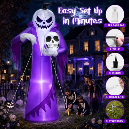 12FT Giant Halloween Inflatable Pumpkin Ghost Wizard with LED Lights Outdoor Decor