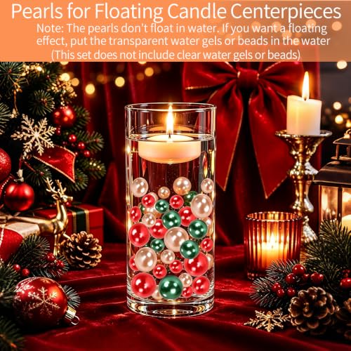 225PCS Christmas Vase Filler Beads - Red Green Champagne Gold No Hole Pearls for Decor & DIY Crafts