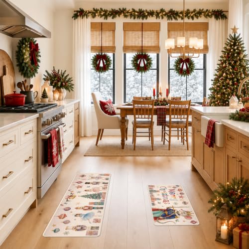 Christmas Kitchen Mats Set of 2 - Multi Color Nutcracker Decor 17x29 & 17x47 Inches