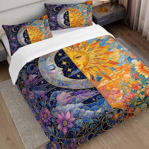 Queen Duvet Cover Set with Sun Moon Floral Mosaic - Celestial Microfiber Bedding