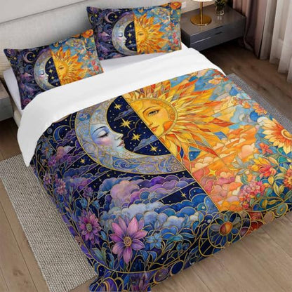Queen Duvet Cover Set with Sun Moon Floral Mosaic - Celestial Microfiber Bedding