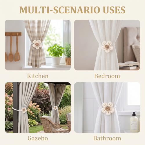 Magnetic Curtain Tiebacks 2 Pack - Boho Flower Cotton Linen Holdbacks for Bedroom Nursery Living Room