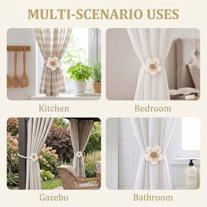 Magnetic Curtain Tiebacks 2 Pack - Boho Flower Cotton Linen Holdbacks for Bedroom Nursery Living Room