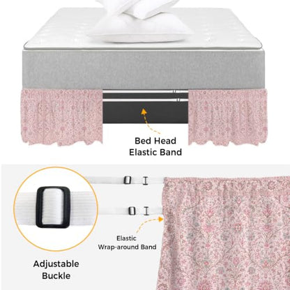 Pink Floral Boho King Size Bed Skirt 16 Inch Drop Adjustable Elastic Dust Ruffle