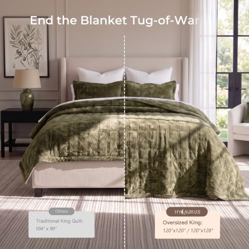 Oversized Super King Velvet Quilt Set 128x120 Inches - Olive Green - Luxury Bedding