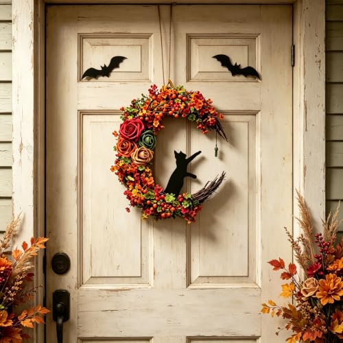 Black Cat Moon Halloween Wreath - Gothic Fall Front Door Decor D