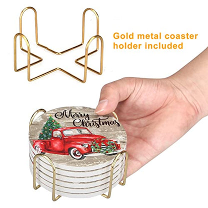 Christmas Truck Coasters Set with Gold Holder - Red Vehicle Holiday Drink Coasters - Variation of Truck Christmas Tree 01
