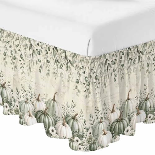 Fall Green Pumpkins Bed Skirt King Size 16 Inch Drop Beige Elastic Dust Ruffle
