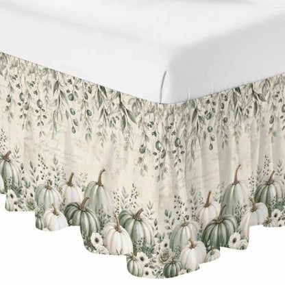 Fall Green Pumpkins Bed Skirt King Size 16 Inch Drop Beige Elastic Dust Ruffle