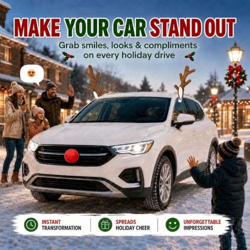Car Reindeer Antlers with Nose, Bells & Ribbons Holiday Decoration