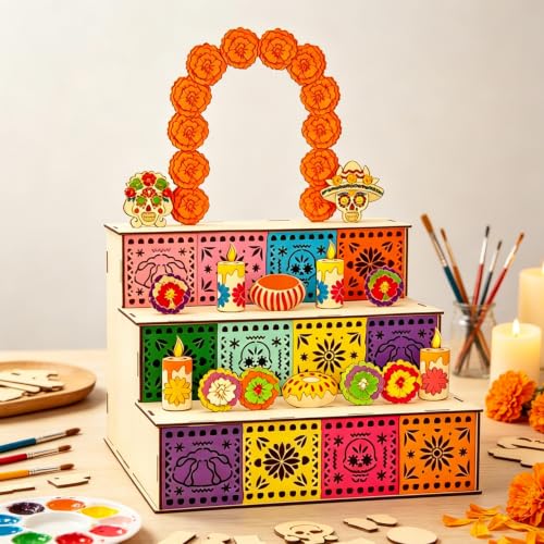 Day of the Dead Wooden Shadow Box Altar - Handmade Colorful DIY Mexican Memorial
