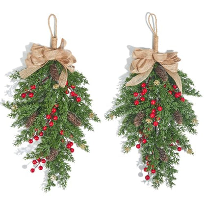 Red 18-Inch Christmas Cedar Swag with Berries Pinecones & Bow - Set of 2