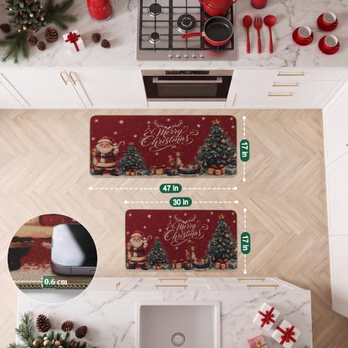 Christmas Kitchen Rugs Set of 2 Non Slip Washable Holiday Mats - Red, Tree Variation (17x30 + 17x47 inches)