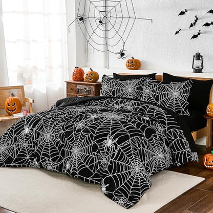Halloween Comforter Set Queen Size Bed in a Bag with Spider Web Pattern
